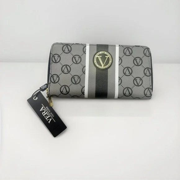 Vera New York Wallet Womens Black Signature Logo Zip Around Stripe Geometric New - Picture 1 of 10